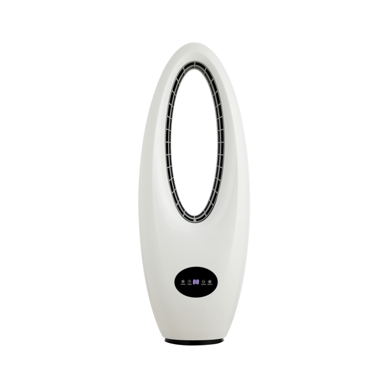 Moderno ventilatore a torre senza pale in una camera da letto